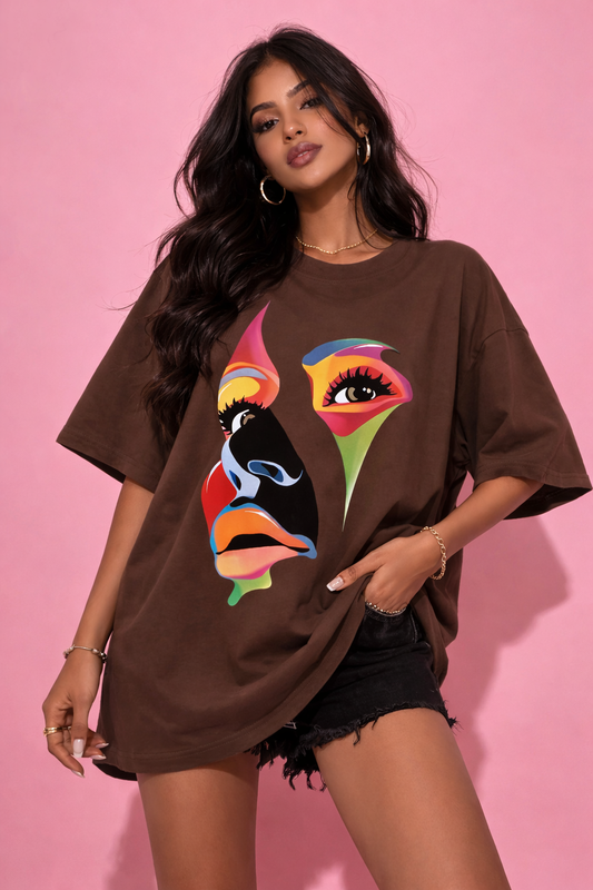 BEFALTU Abstract Face Artistic Graphic Oversized Brown T-Shirt for Women