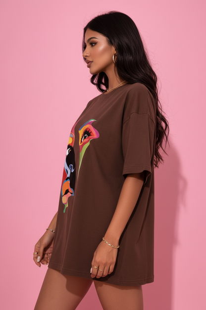 BEFALTU Abstract Face Artistic Graphic Oversized Brown T-Shirt for Women