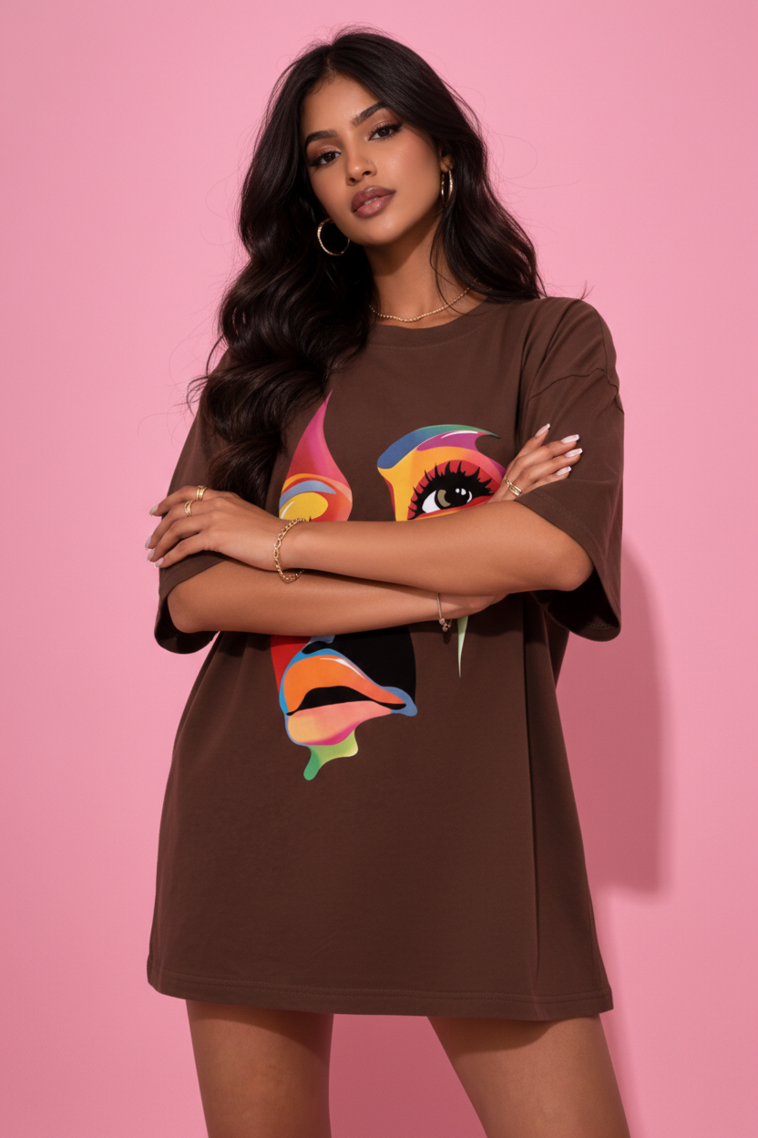 BEFALTU Abstract Face Artistic Graphic Oversized Brown T-Shirt for Women