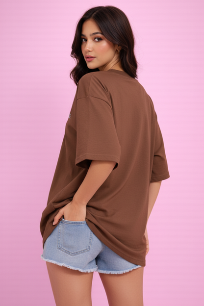 BEFALTU “Bruce Meow” Cute Cat Stack Graphic Oversized BROWN T-Shirt for Women
