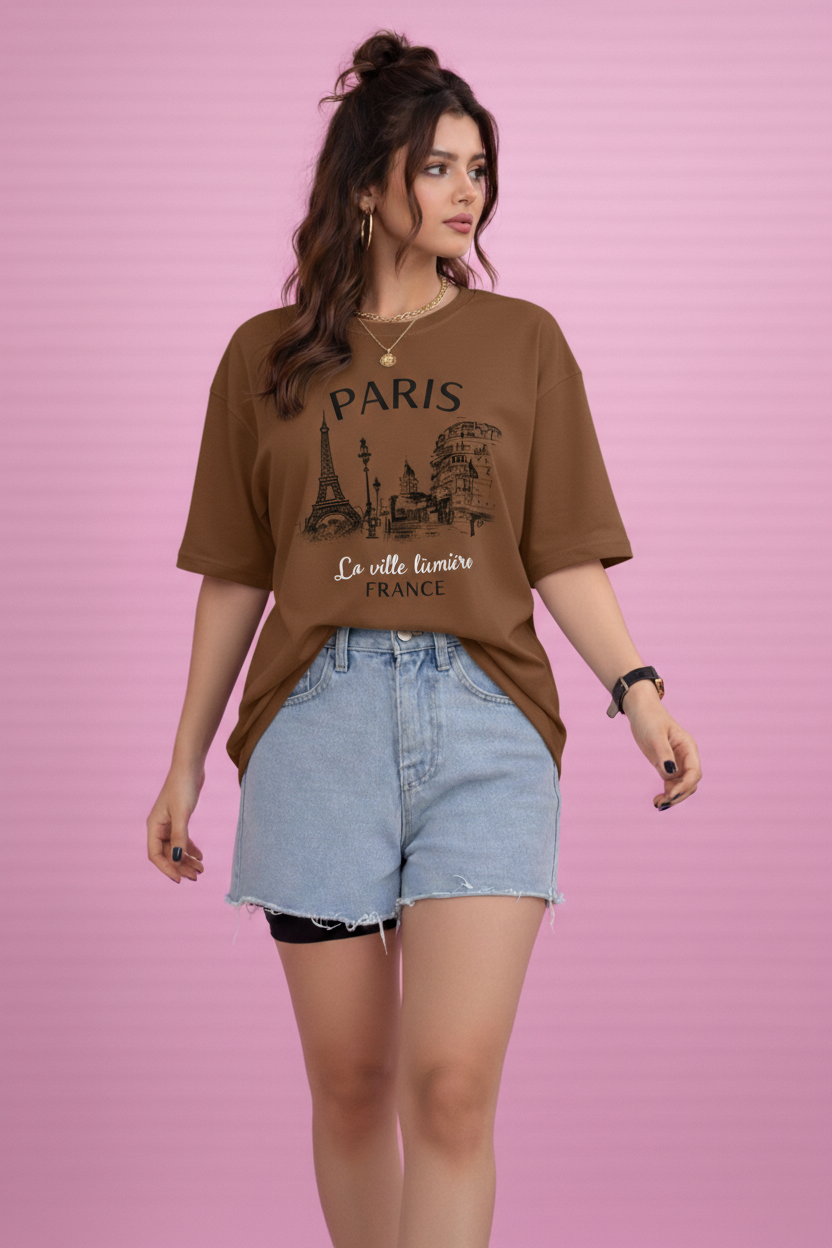 BEFALTU “Paris Cityscape” Oversized BROWNT-Shirt for Women