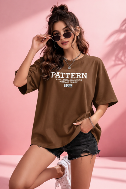 BEFALTU “Pattern Text” Oversized Brown T-Shirt for Women