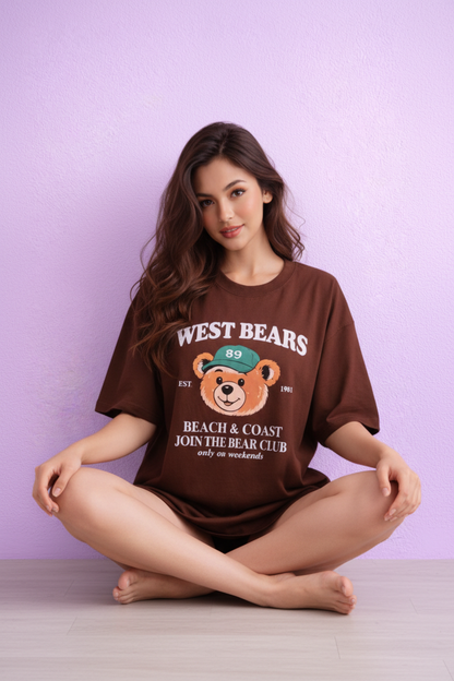 BEFALTU “West Bears Club” Oversized BROWN T-Shirt for Women