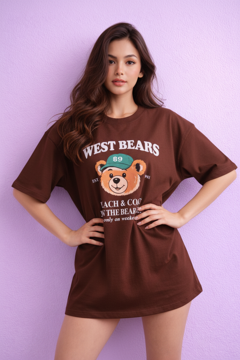BEFALTU “West Bears Club” Oversized BROWN T-Shirt for Women