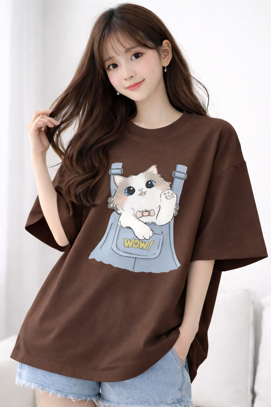 BEFALTU “WOW Cat Pocket” Oversized BROWN T-Shirt for Women