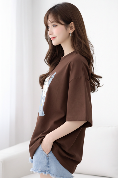 BEFALTU “WOW Cat Pocket” Oversized BROWN T-Shirt for Women