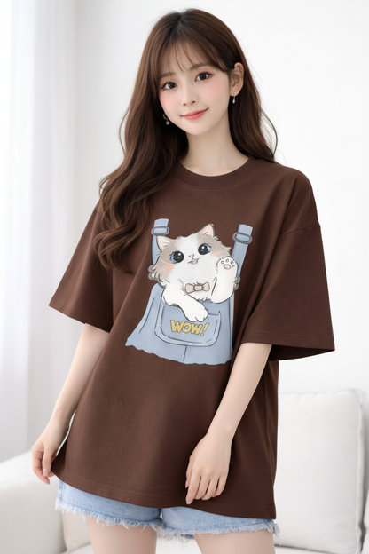 BEFALTU “WOW Cat Pocket” Oversized BROWN T-Shirt for Women