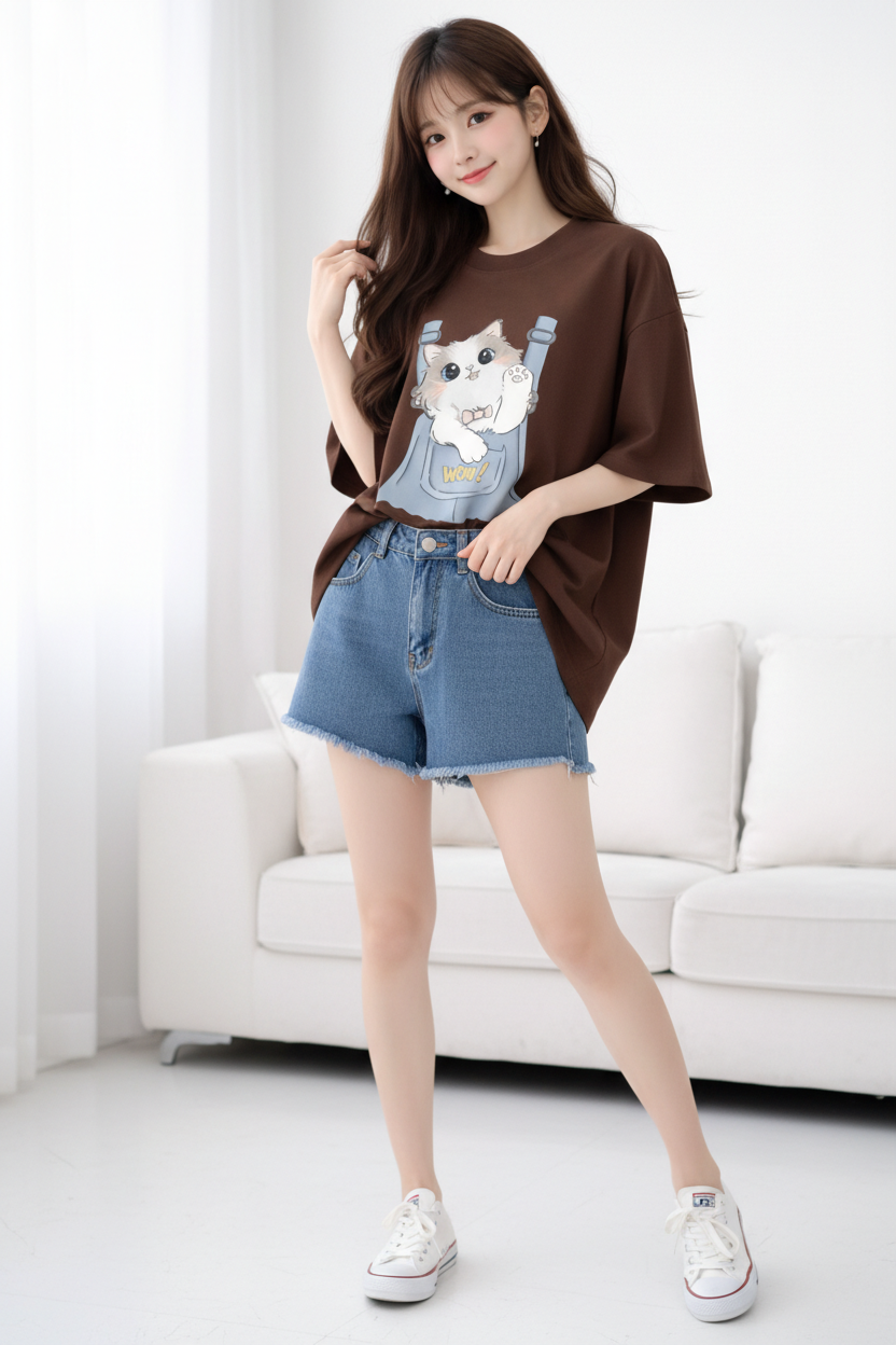 BEFALTU “WOW Cat Pocket” Oversized BROWN T-Shirt for Women