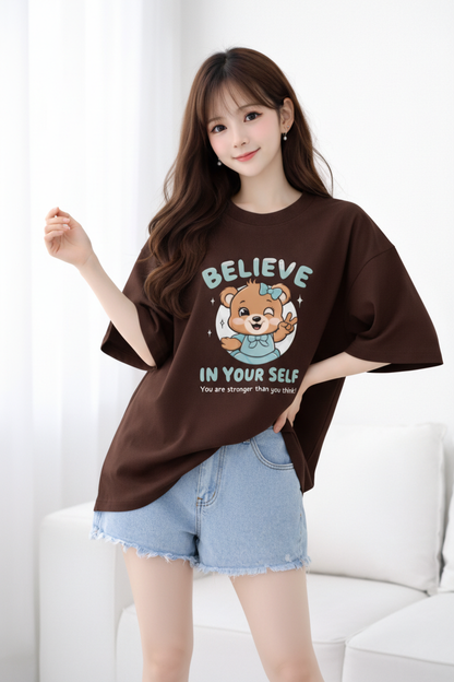 BEFALTU Women Oversized BROWN T-Shirt – “Believe in Yourself” Cute Teddy Graphic Print