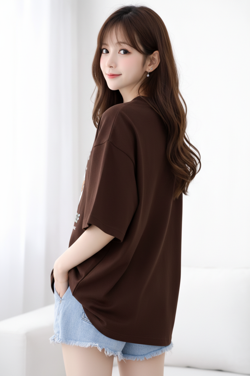 BEFALTU Women Oversized BROWN T-Shirt – “Believe in Yourself” Cute Teddy Graphic Print