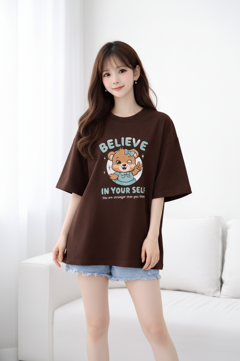 BEFALTU Women Oversized BROWN T-Shirt – “Believe in Yourself” Cute Teddy Graphic Print