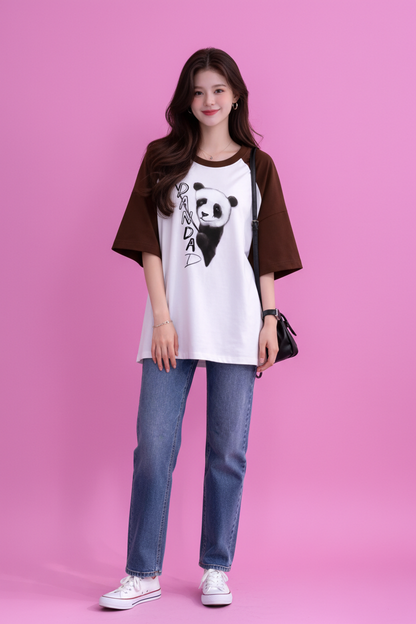 BEFALTU “Panda” Cute Minimal Graphic Raglan Oversized T-Shirt for Women