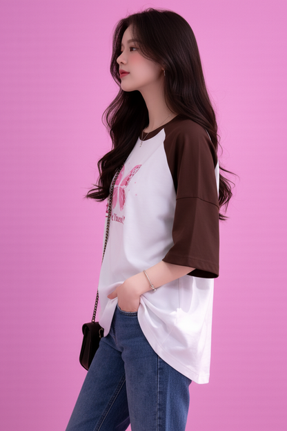 BEFALTU “Be Yourself” Pink Butterfly Aesthetic Raglan Oversized T-Shirt for Women