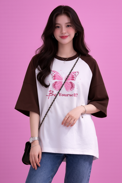 BEFALTU “Be Yourself” Pink Butterfly Aesthetic Raglan Oversized T-Shirt for Women