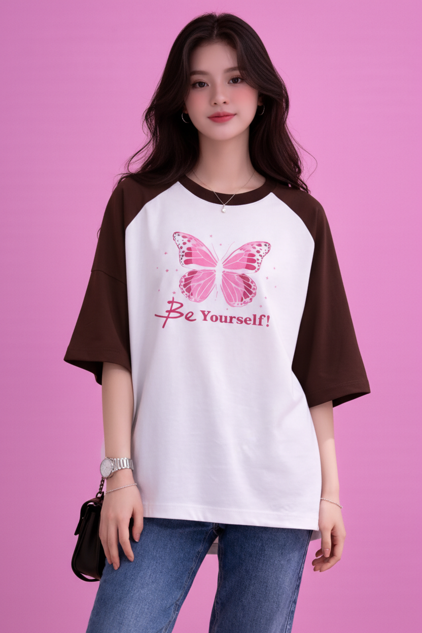 BEFALTU “Be Yourself” Pink Butterfly Aesthetic Raglan Oversized T-Shirt for Women
