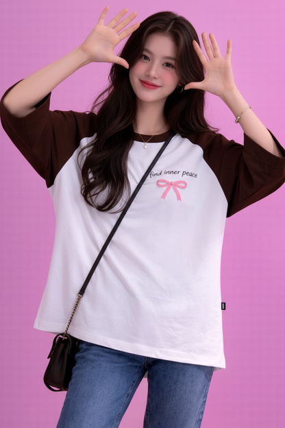 BEFALTU “Find Inner Peace” Aesthetic Bow Raglan Oversized T-Shirt for Women