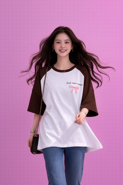 BEFALTU “Find Inner Peace” Aesthetic Bow Raglan Oversized T-Shirt for Women
