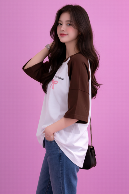 BEFALTU “Find Inner Peace” Aesthetic Bow Raglan Oversized T-Shirt for Women