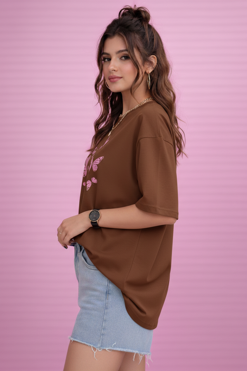 BEFALTU Pink Butterfly Aesthetic Oversized Brown T-Shirt for Women