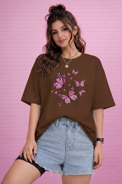 BEFALTU Pink Butterfly Aesthetic Oversized Brown T-Shirt for Women