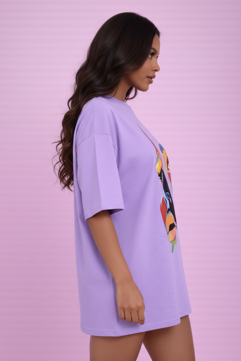 BEFALTU Abstract Face Artistic Graphic Oversized lavender T-Shirt for Women