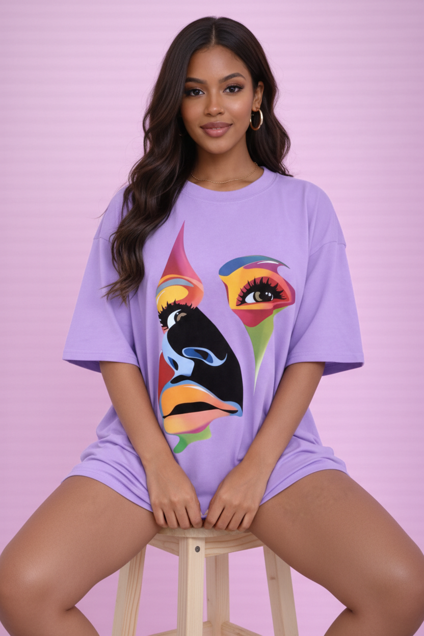 BEFALTU Abstract Face Artistic Graphic Oversized lavender T-Shirt for Women