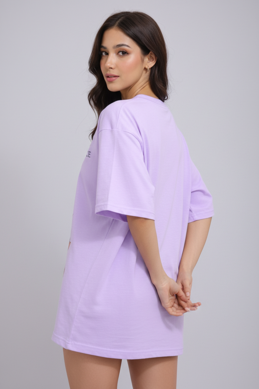 BEFALTU “Bruce Meow” Cute Cat Stack Graphic Oversized lavender T-Shirt for Women
