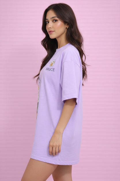 BEFALTU “Bruce Meow” Cute Cat Stack Graphic Oversized lavender T-Shirt for Women