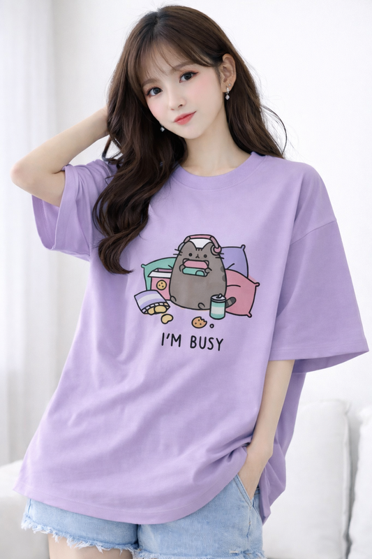 BEFALTU “I’m Busy” Cute Cat Oversized LAVENDER T-Shirt for Women