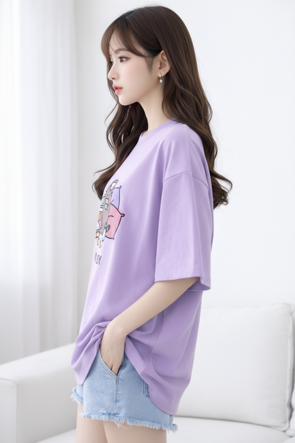 BEFALTU “I’m Busy” Cute Cat Oversized LAVENDER T-Shirt for Women