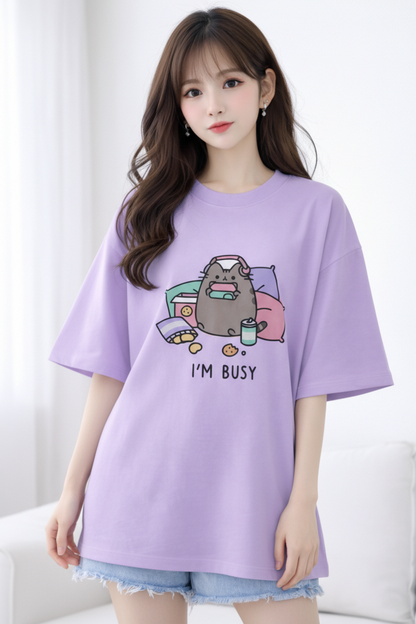 BEFALTU “I’m Busy” Cute Cat Oversized LAVENDER T-Shirt for Women
