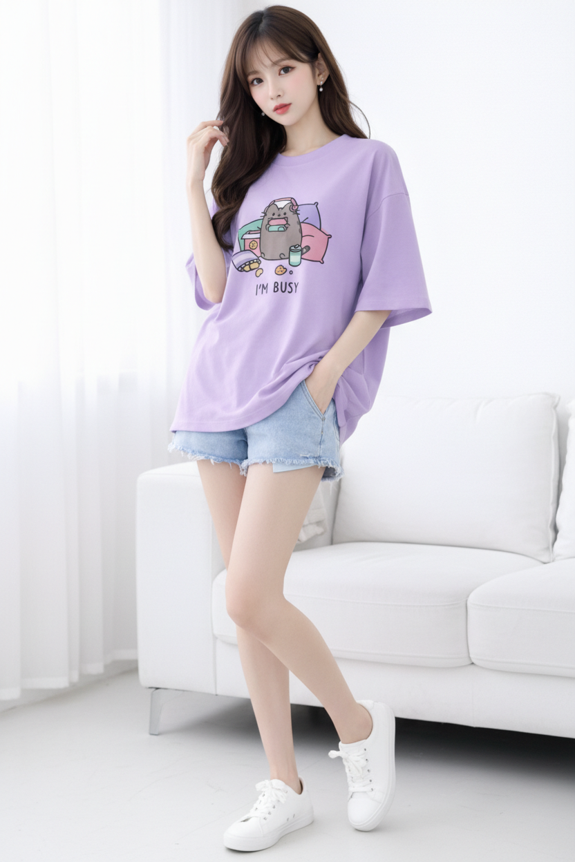 BEFALTU “I’m Busy” Cute Cat Oversized LAVENDER T-Shirt for Women