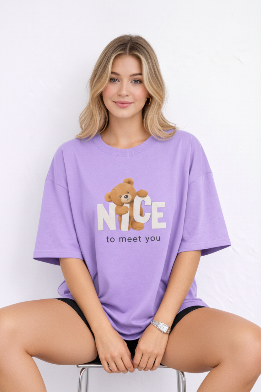 BEFALTU “Nice to Meet You” Teddy Oversized LAVENDER T-Shirt for Women