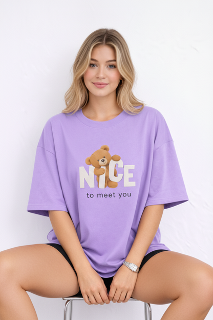 BEFALTU “Nice to Meet You” Teddy Oversized LAVENDER T-Shirt for Women