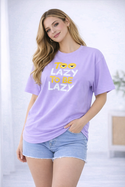 BEFALTU “Too Lazy to Be Lazy” Funny Graphic Oversized lavender T-Shirt for Women