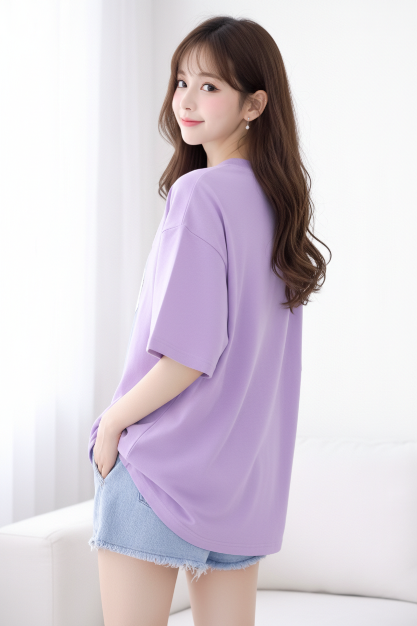 BEFALTU “WOW Cat Pocket” Oversized LAVENDER T-Shirt for Women