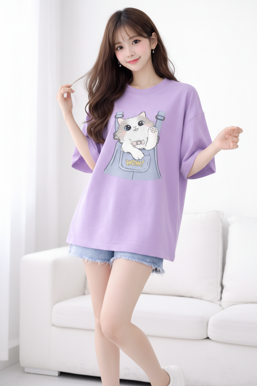 BEFALTU “WOW Cat Pocket” Oversized LAVENDER T-Shirt for Women