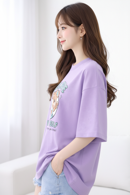 BEFALTU Women Oversized LAVENDER T-Shirt – “Believe in Yourself” Cute Teddy Graphic Print