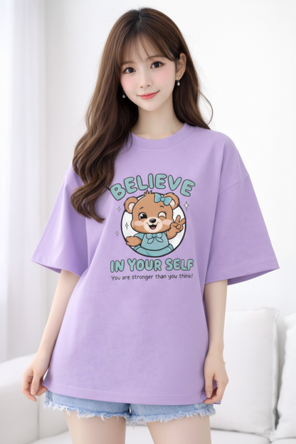 BEFALTU Women Oversized LAVENDER T-Shirt – “Believe in Yourself” Cute Teddy Graphic Print