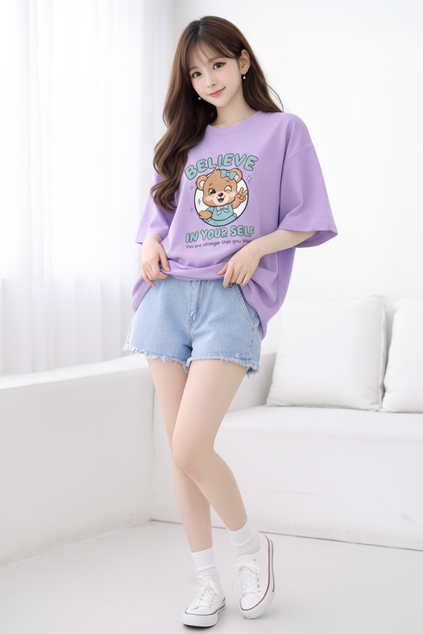 BEFALTU Women Oversized LAVENDER T-Shirt – “Believe in Yourself” Cute Teddy Graphic Print
