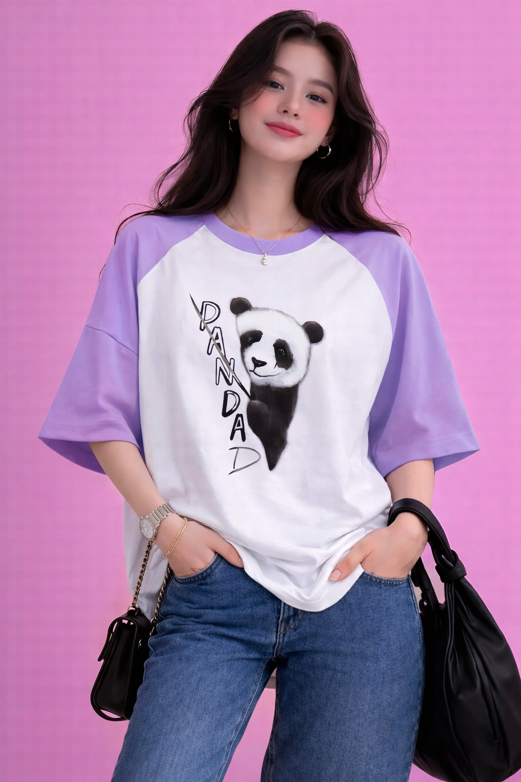BEFALTU “Panda” Cute Minimal Graphic Raglan Oversized T-Shirt for Women