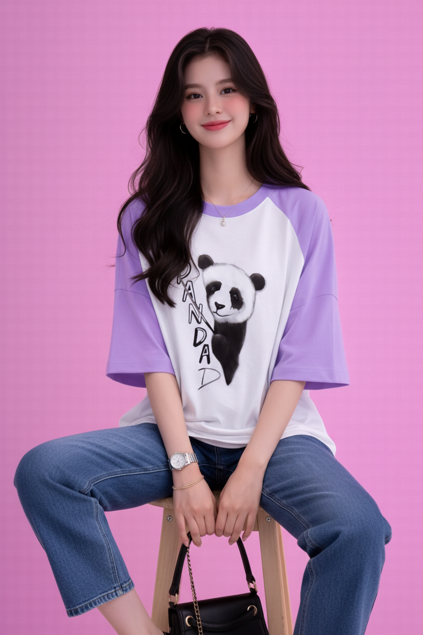 BEFALTU “Panda” Cute Minimal Graphic Raglan Oversized T-Shirt for Women