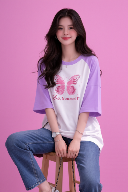 BEFALTU “Be Yourself” Pink Butterfly Aesthetic Raglan Oversized T-Shirt for Women