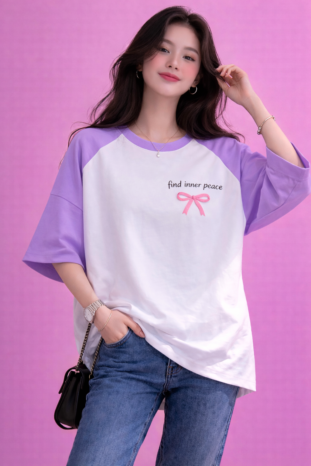 BEFALTU “Find Inner Peace” Aesthetic Bow Raglan Oversized T-Shirt for Women