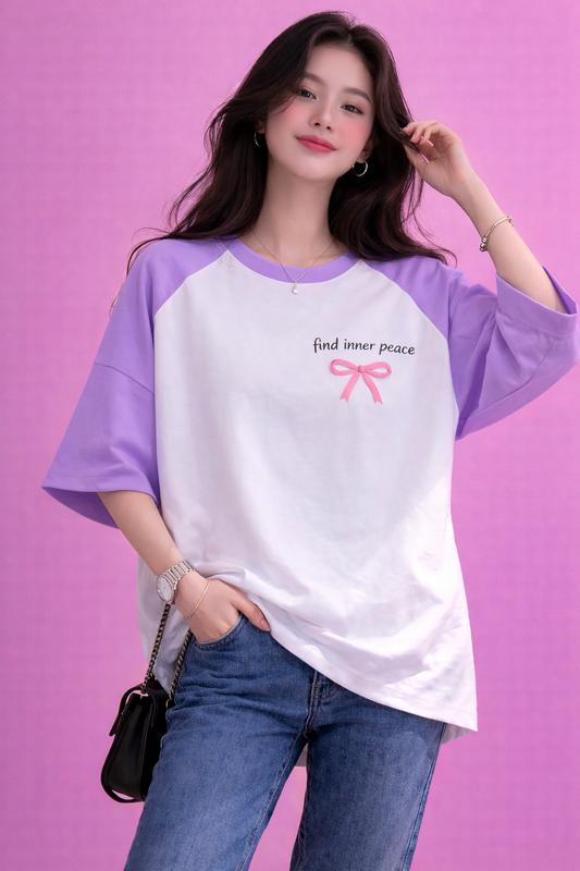 BEFALTU “Find Inner Peace” Aesthetic Bow Raglan Oversized T-Shirt for Women