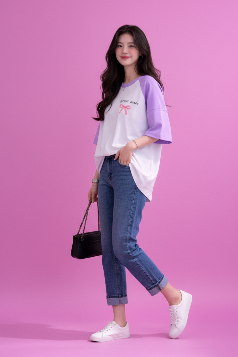 BEFALTU “Find Inner Peace” Aesthetic Bow Raglan Oversized T-Shirt for Women