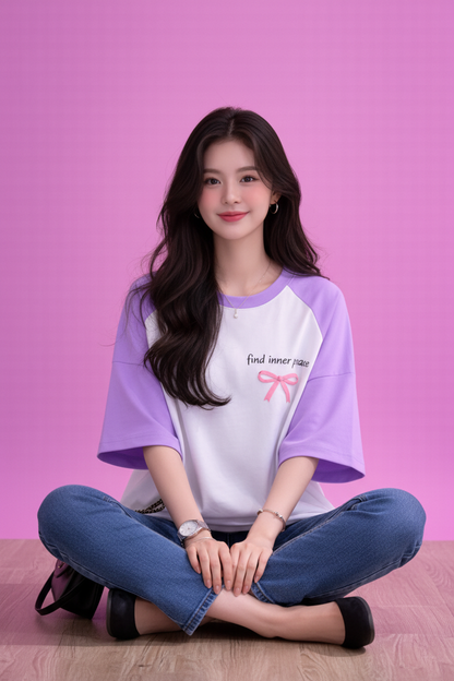 BEFALTU “Find Inner Peace” Aesthetic Bow Raglan Oversized T-Shirt for Women