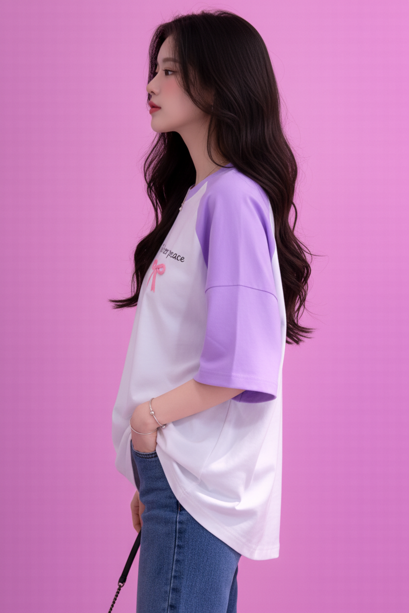 BEFALTU “Find Inner Peace” Aesthetic Bow Raglan Oversized T-Shirt for Women