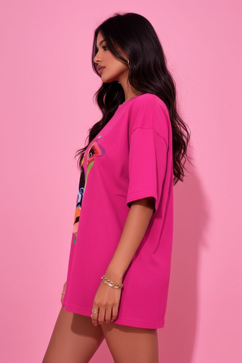 BEFALTU Abstract Face Artistic Graphic Oversized pink T-Shirt for Women