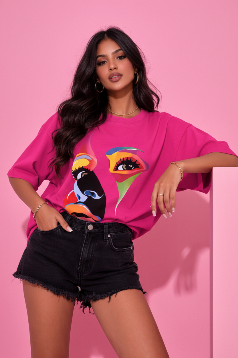 BEFALTU Abstract Face Artistic Graphic Oversized pink T-Shirt for Women